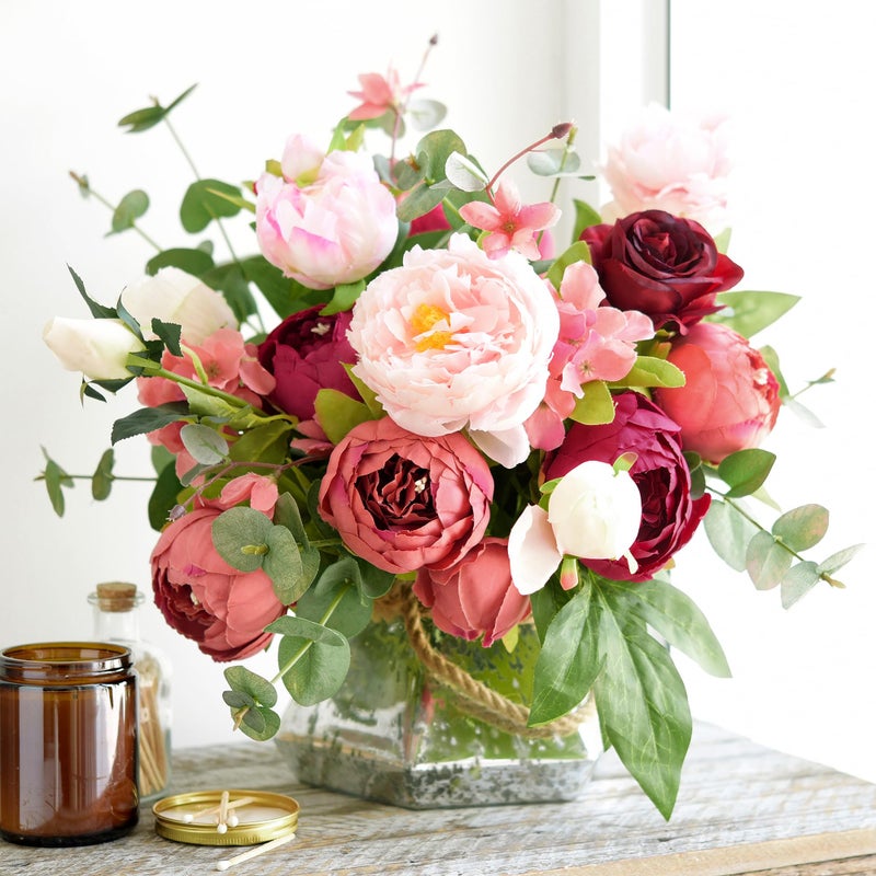 FiveSeasonStuff Country Barn Red Peony Bouquets, 2 Bundles Artificial Silk Flowers with Hydrangeas for Wedding Centerpieces & Home Decor - Image 3